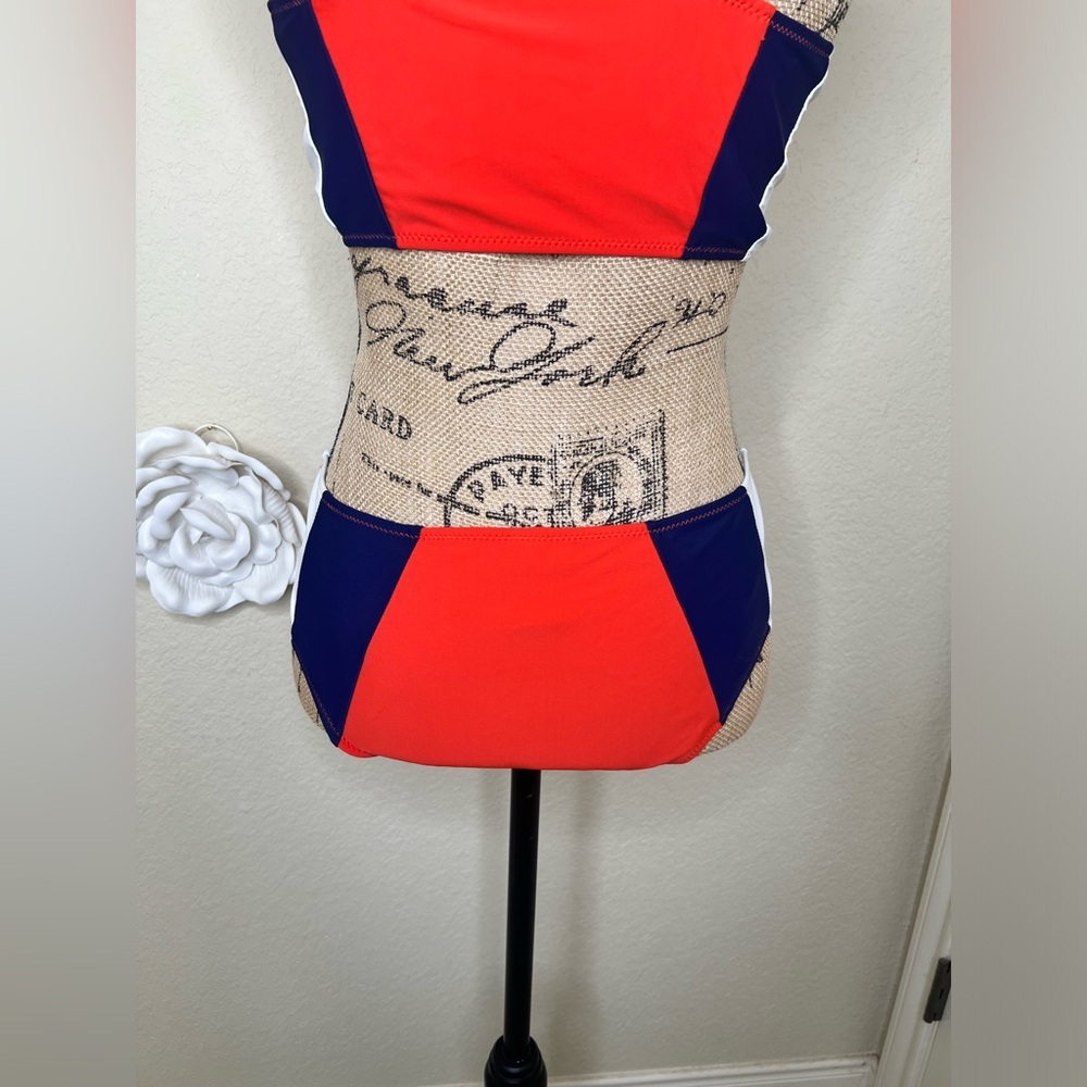 Cupshe Colorblock Bikini Set Orange Blue White Mid Rise Swim Size M - Picture 11 of 16